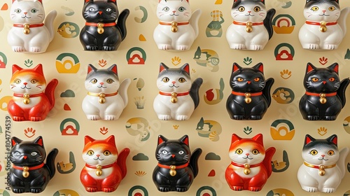Lucky Cat Parade. A charming of beckoning cat (maneki-neko) figurines in various poses and colors against a light yellow background, representing prosperity and good luck.