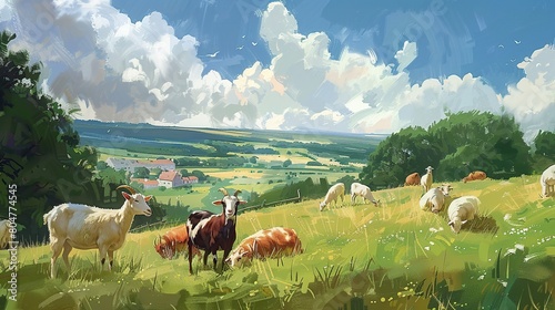 Quaint Countryside Scenes with Contented Goats. Generative Ai