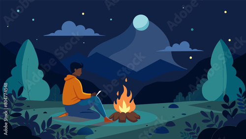 Sitting by a campfire the crackling of wood and smell of smoke comforting me as I write poems about the vastness of the starry sky and the.