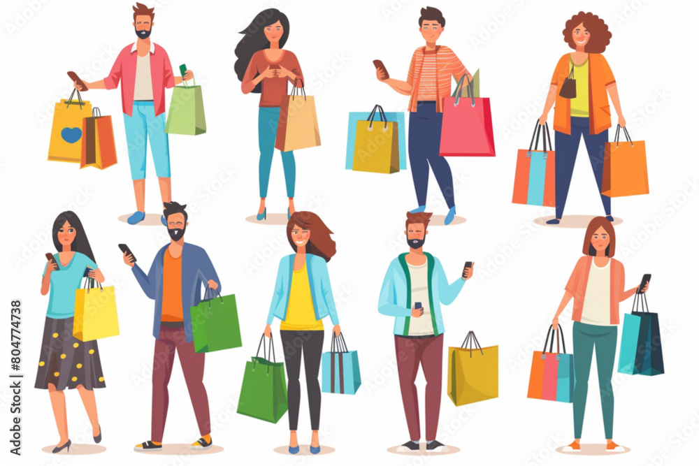 People with shop bag. Woman and man mall customer. Lady purchase gift in store with discount isolated vector set. Guy shopper carry goods. Joy female adult hold phone and present in market cartoon vec