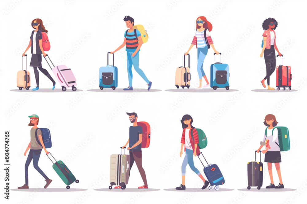 People with suitcase travel by airplane or train. Cartoon vector illustration set of young man and woman carrying luggage. Vacation or business male and female travel passenger with baggage bag. vecto