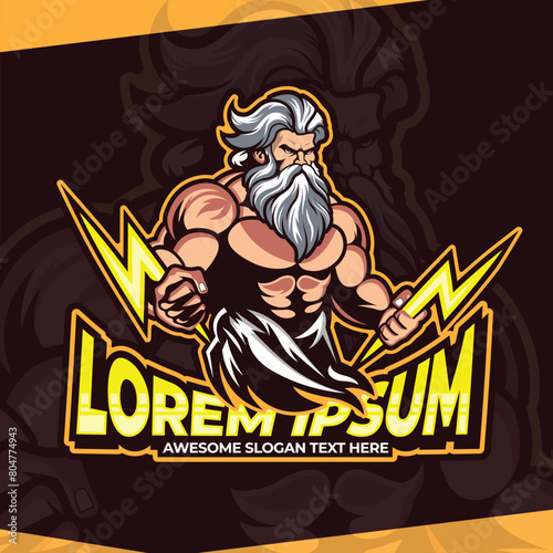 Zeus Esport Logo desgn, Zeus mascot logo gaming, Muscular logo design, old man with bearded