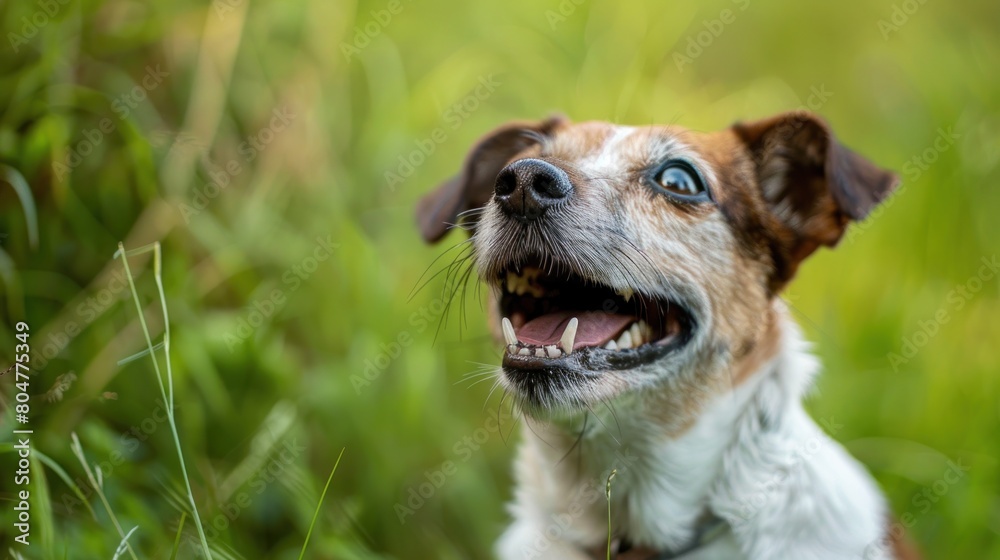 Happy dog looking up on green background