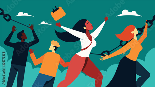 Breaking Chains An image showing people breaking free from chains representing the release from and the right to live in freedom.. Vector illustration