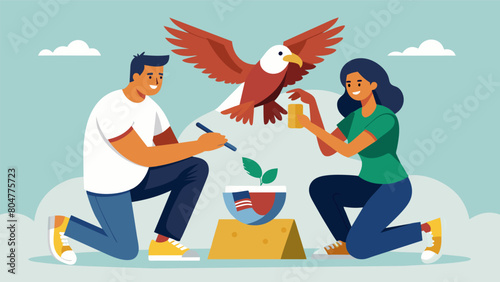 A young couple playfully competed as they sculpted their own versions of the American bald eagle each with its own distinct and creative touches.. Vector illustration