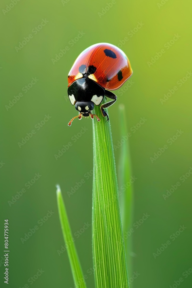 Close up shot of a vibrant ladybug perched on a lush, vivid green leaf in nature