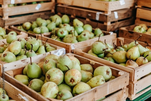 Fresh ripe pears in wooden crates at warehouse with soft natural lighting  perfect for food ads