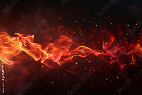 Red fire and smoke overlay with flame spark glow on black background. 3d abstract hot flying ember shine. Realistic apocalypse heat fog. Bright bonfire flake particle motion corner panorama frame vect