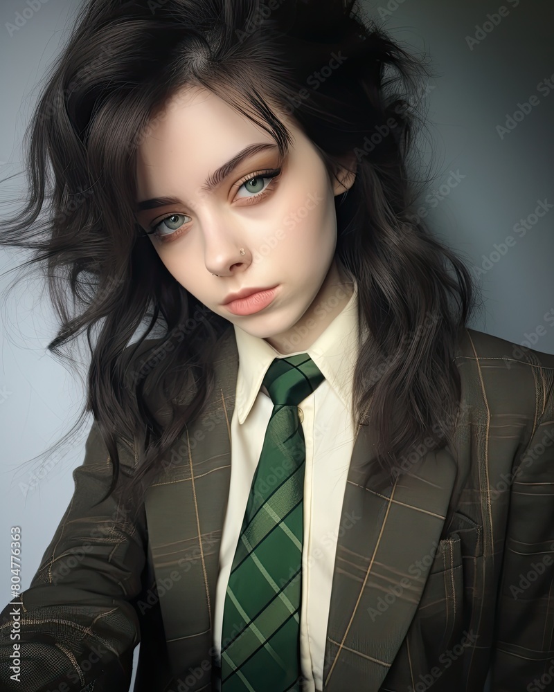 young woman in formal attire with pensive expression young woman in formal attire with pensive expression