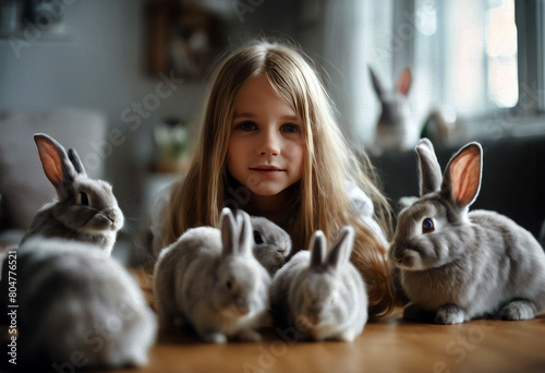 'happy girl day spring long hair Easter blond rabbits gray home Background White Child Animal Celebration Farm Portrait Cute Holiday Funny Event Eyes Young BeautifulBackground Easter Spring Girl Hair' photo