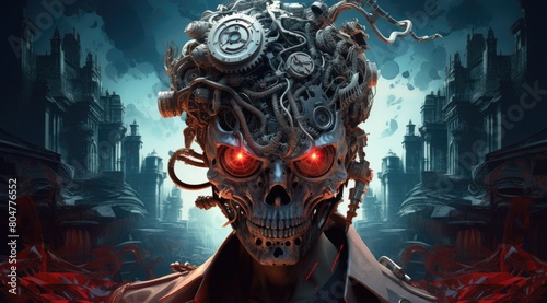 Futuristic cyborg skull with glowing red eyes