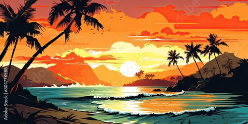 tropical sunset landscape with palm trees and ocean