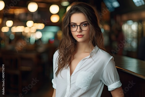 woman with glasses and long hair in a city at night