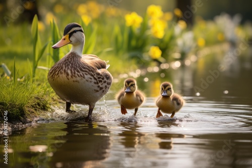 mother duck and ducklings in pond