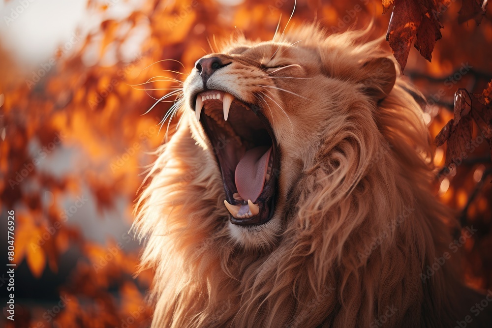 Naklejka premium Fierce lion roaring in autumn forest