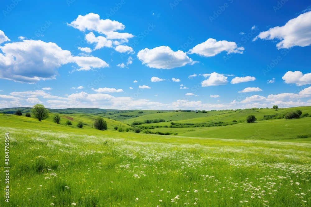 Idyllic countryside landscape with green fields and blue sky Idyllic countryside landscape with green fields and blue sky