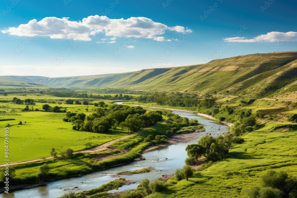 Scenic countryside landscape with river and rolling hills
