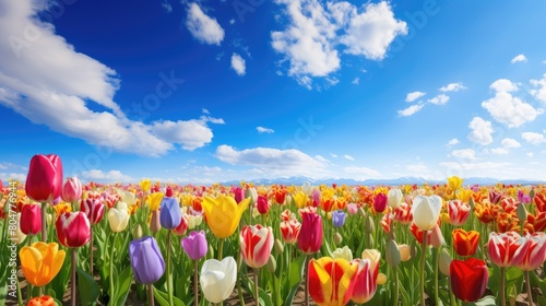 Vibrant tulip field under blue sky