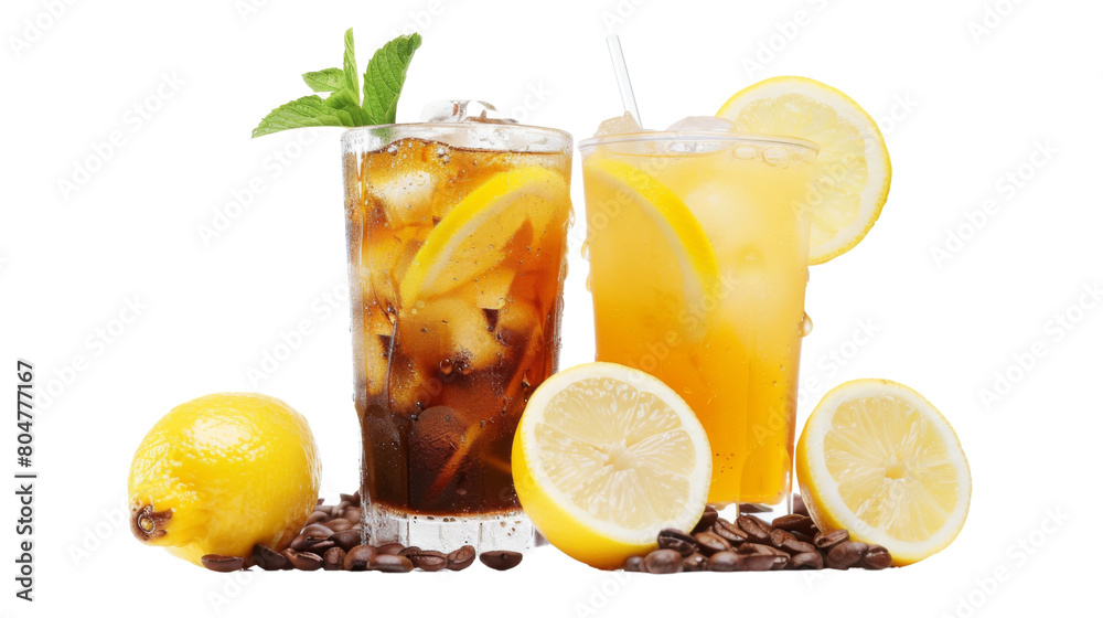 Summer cocktails, lemonade and iced coffee on a white png background , transparent 