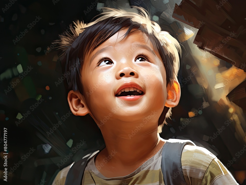 Joyful young child looking up with excitement