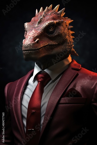 Businessman in a suit with a dinosaur head