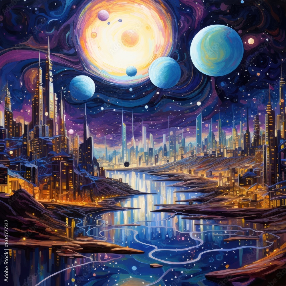 Obraz premium futuristic cityscape with celestial elements