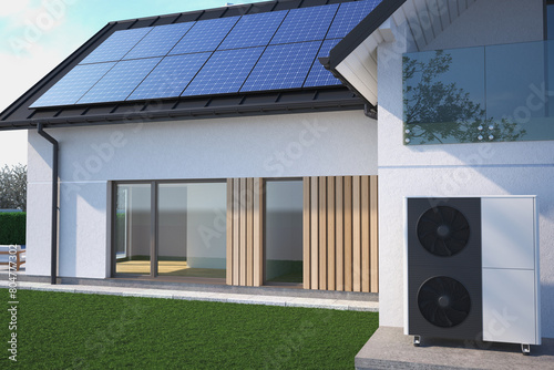Heat pump next to the house and solar panels on the roof. The concept of an energy-efficient home. 3D illustration