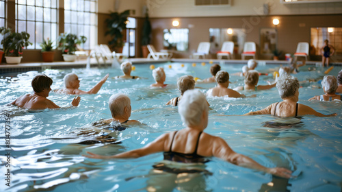 A group of seniors doing water aerobics in a swimming pool