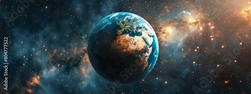 A planet Earth in space against a background of glowing stars and galaxies.