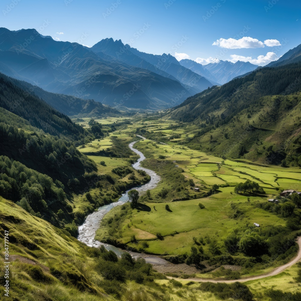 Naklejka premium Breathtaking mountain valley landscape with winding river