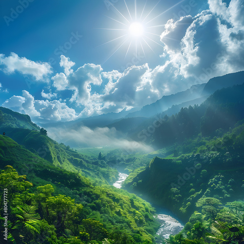 Majestic Landscape: Sunlit Verdant Valley with Hikers Enjoying the Scenery