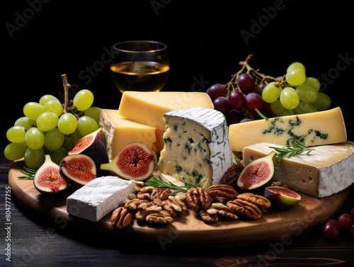 Assortment of cheese, grapes, figs, and nuts on a wooden board