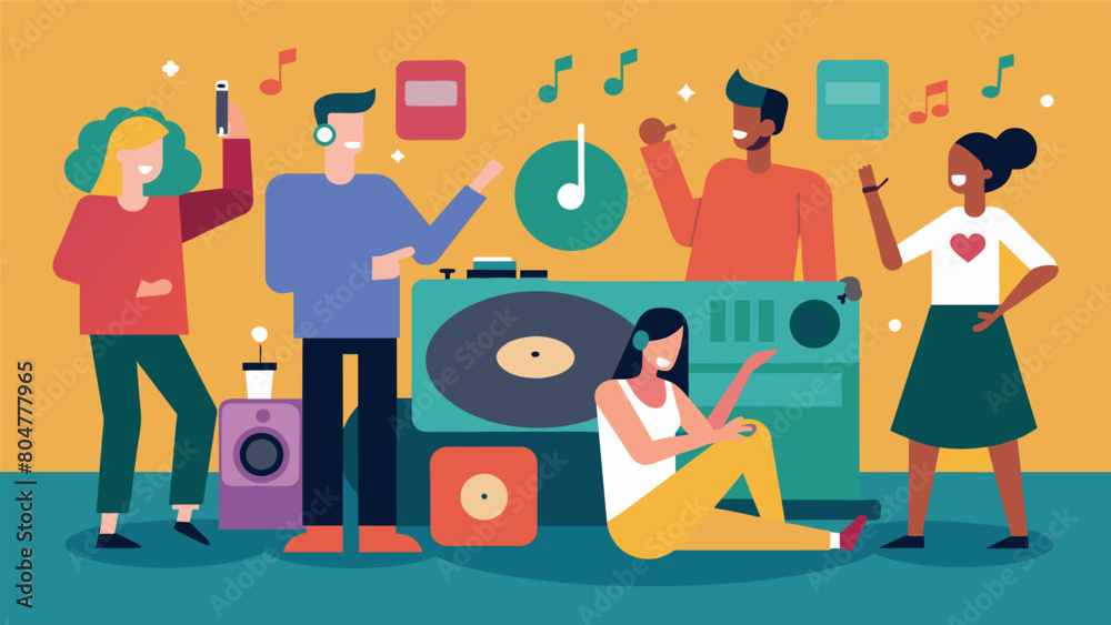 The low hum of music playing in the background creating a lively and collaborative atmosphere as people work on the record player together. Vector illustration