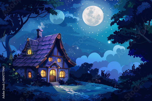 Summer countryside landscape with house at night. Starry sky with full moon in evening and mystery light from gnome home window. Fairytale cottage in darkness of midnight. Magic dwarf hut design vecto © Ahtesham