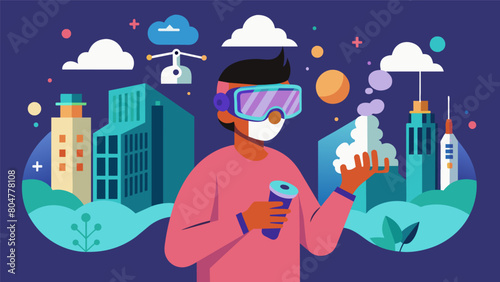 A person wearing a VR headset and holding a ketamine inhaler as they travel through a virtual city encountering various triggers of their anxiety and.