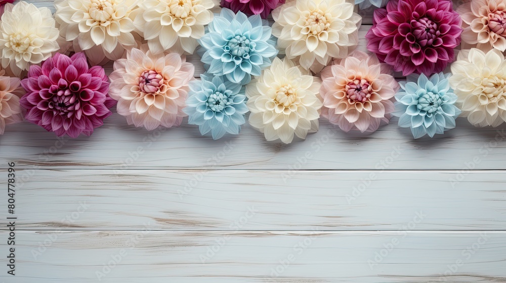 Fototapeta premium Colorful Dahlia Flowers on Wooden Background