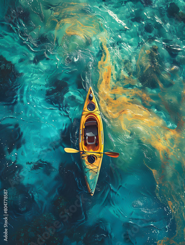 An overhead shot of a yellow kayak floating on the water photo