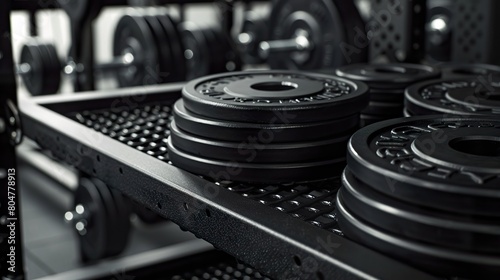 Close-up of black plates inside a weight training and gym environment. Gym environment with black weight lifting signs. © Vagner Castro