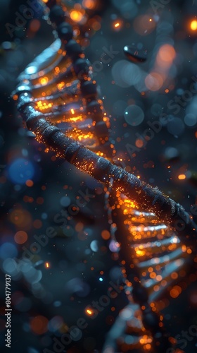 Close-up view of a DNA helix glowing with fiery orange and cool blue lights, encapsulated in a mysterious, sparkling atmosphere.