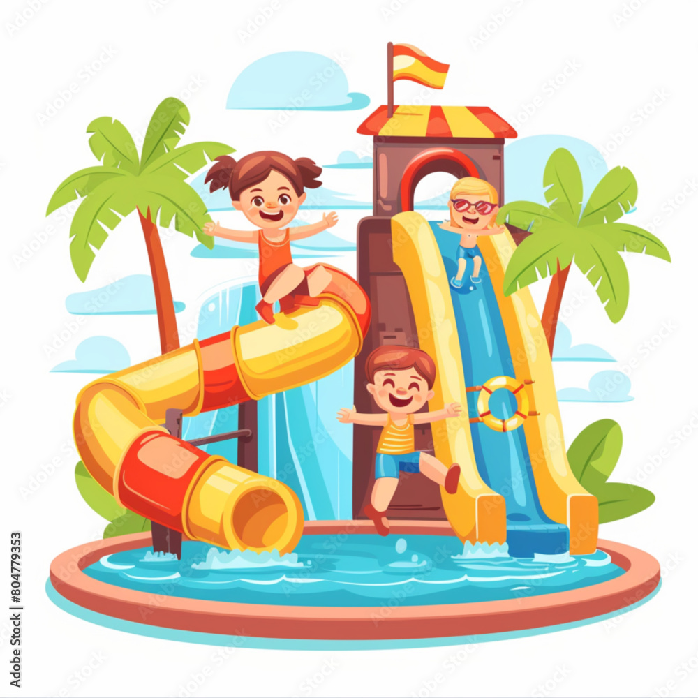 Water park with slide and pool for kid cartoon. Summer waterpark to swim and play. Children amusement and attraction. Boy and girl jump, have fun activity with inflatable ring on resort playground vec