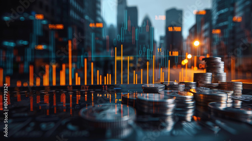 An artistic representation of financial growth, featuring coins and digital financial data overlaid on an urban cityscape at dusk.