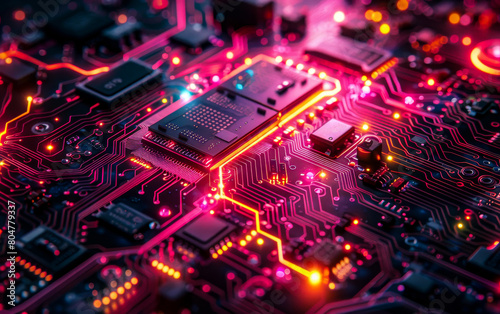 Close-up image of a sophisticated electronic circuit board, illuminated by vibrant neon lights, highlighting cutting-edge technology and intricate design.