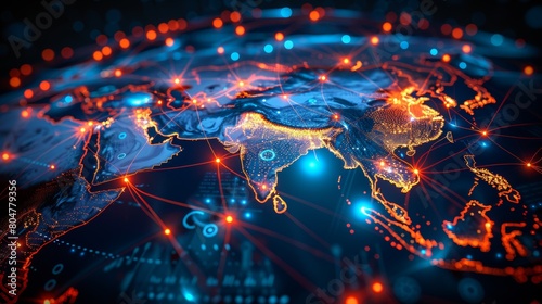 A dynamic digital world map featuring glowing, interconnected nodes and lines, illustrating the complex and interconnected nature of global networks.