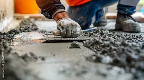 Castinplace work using trowels Workers level cement mortar Construction worker uses trowel to level cement mortar screed Concrete works on construction site photo