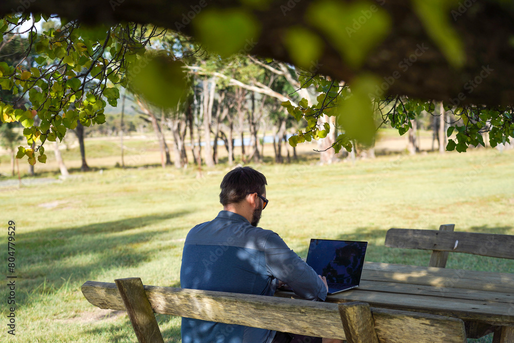 Fototapeta premium Man working remotely on a wooden bench under a tree