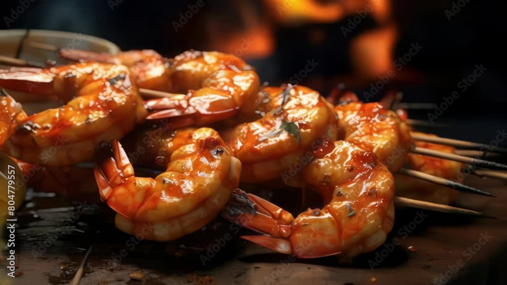 A plate of shrimp skewers with a sauce on top. The shrimp are cooked and ready to be eaten A plate of shrimp skewers with a sauce on top. The shrimp are cooked and ready to be eaten