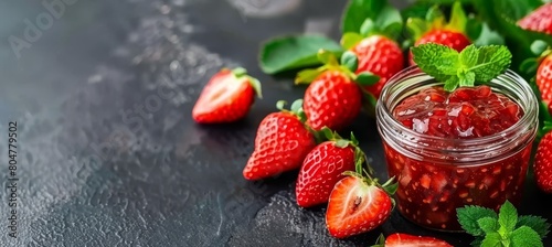 Delicious homemade strawberry jam preserved in a classic glass jar for a sweet treat photo