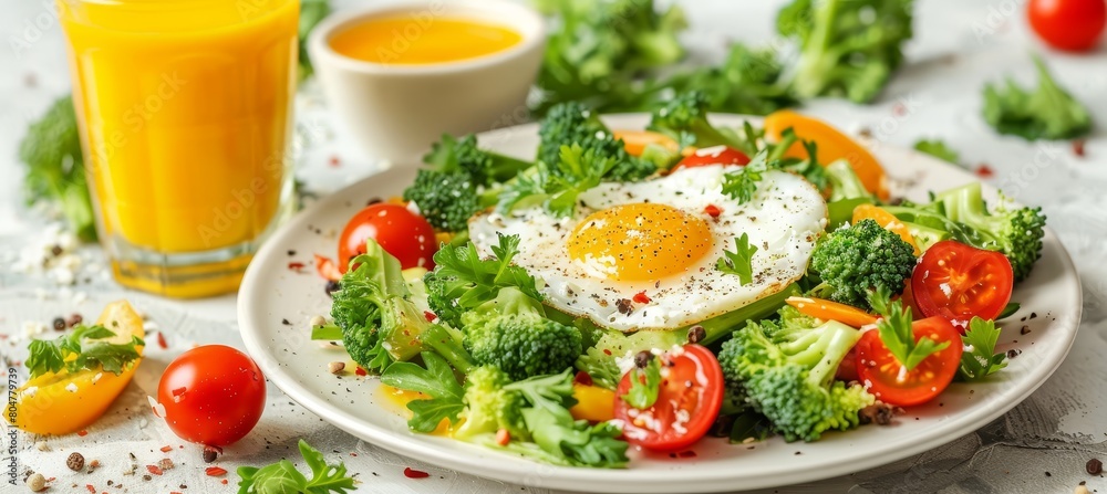 Nourishing breakfast fried egg, fresh vegetables, and orange juice on white table Nourishing breakfast fried egg, fresh vegetables, and orange juice on white table