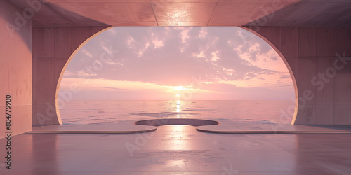 sunset in the sea, A pink and white building with a pool and a sunset, Cozy living room on a space ship oval shaped window wth a stunning view of the earth Purple shiny, Abstract summer landscape,  photo