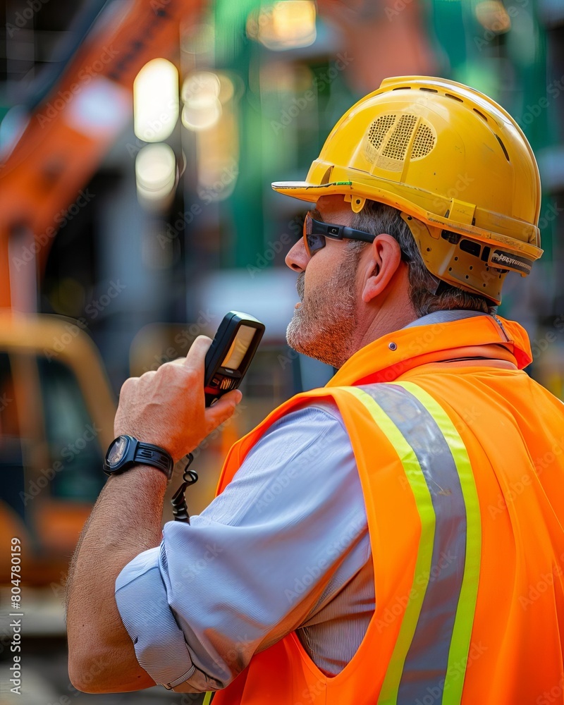 Civil engineer checking work with walkietalkie for communication to management team in the construction site Civil engineer checking work with walkietalkie for communication to management team in the construction site